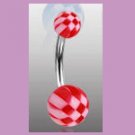 Surgical Steel Navel Belly Ring with UV Checker Red Balls