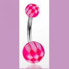 Surgical Steel Navel Belly Ring with UV Checker Pink Balls