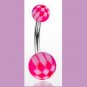 Surgical Steel Navel Belly Ring with UV Checker Pink Balls