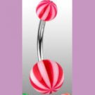 Surgical Steel Navel Belly Ring with UV Candy Striped Red Balls