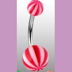 Surgical Steel Navel Belly Ring with UV Candy Striped Red Balls