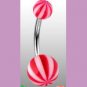 Surgical Steel Navel Belly Ring with UV Candy Striped Red Balls