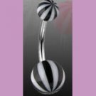 Surgical Steel Navel Belly Ring with UV Candy Striped Black Balls