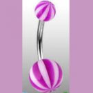 Surgical Steel Navel Belly Ring with UV Candy Striped Purple Balls