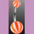 Surgical Steel Navel Belly Ring with UV Candy Striped Orange Balls