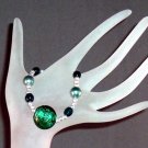 Green Foil Glass & Pearl Bracelet Handmade