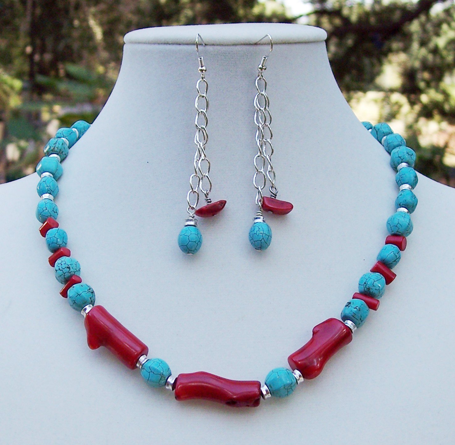 Bamboo Coral & Turquoise Necklace & Earring Set- Handmade