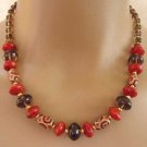 Necklace Red Coral Smoky Quartz Hand Painted Wood br423114