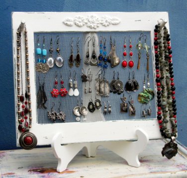 Earring Holder On A Stand / cream Shabby Chic / 25 - 40 Earrings / 6-10 Necklaces