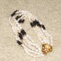 Vintage Costume Jewelry Faux Seed Pearl (white & black) Bracelet with Goldtone Rose Clasp
