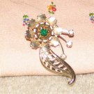 Vintage Costume Jewelry Goldtone 2 1/2" Flower Pin with Faux Emerald Stone