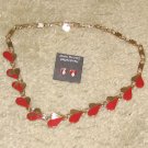 Vintage Costume Jewelry Goldtone & Red Heart Necklace with matching Earrings for Pierced Ears