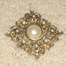 Unique Vintage Costume Jewelry Filligree Goldtone & Faux Pearl Pin