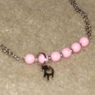 Vintage Costume Jewelry Silvertone & Pink Bead Choker with Silver Cat Charm