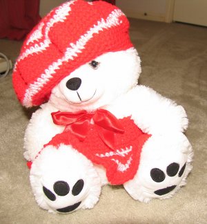 Plush White Chubby 17" Teddy Bear w Red Custom Crocheted Outfit