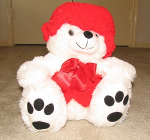 Plush White Chubby 15" Teddy Bear w Red Custom Crocheted Clothes