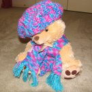 Plush Honey 16" Teddy Bear w Turquoise, Purple Custom Crocheted Outfit