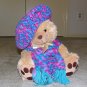 Plush Honey 16" Teddy Bear w Turquoise, Purple Custom Crocheted Outfit