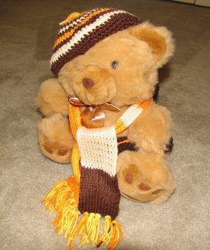 Plush Honey 16" Teddy Bear w Orange, Yellow & Brown Custom Crocheted Outfit