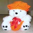 Plush White 16" Teddy Bear w Orange, & Green Custom Crocheted Outfit