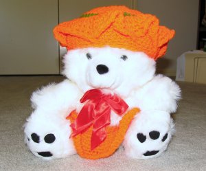 Plush White 16" Teddy Bear w Orange, & Green Custom Crocheted Outfit
