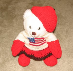 Plush White 12" American Flag Teddy Bear w Custom Crocheted Outfit