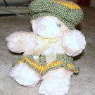 Plush Honey 12" Teddy Bear w Green, Orange Custom Crocheted Outfit