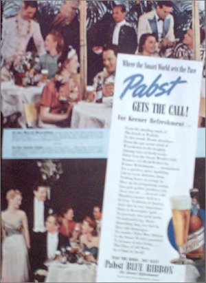 1939 Pabst Blue Ribbon Beer ad featuring the Royal Hawaiian & the Stork Club restaurants