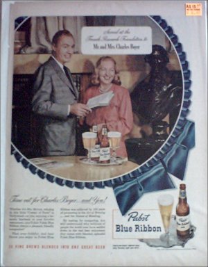 1948 Pabst Blue Ribbon Beer ad Featuring Mr & Mrs Charles Boyer