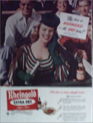 1946 Rheingold Beer ad featuring Miss Rheingold Rita Daigle
