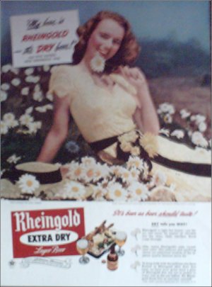 1946 Rheingold Beer ad featuring Miss Rheingold Rita Daigle