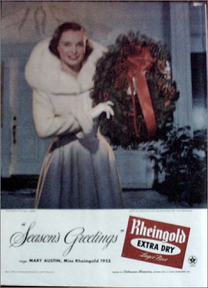1953 Rheingold Beer Christmas ad featuring Miss Rheingold Mary Austin