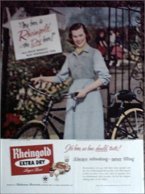 1956 Rheingold Beer ad featuring Miss Rheingold Hillie Merritt