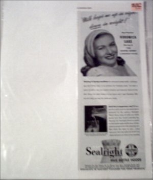 1948 Sealright Milk Bottle Hoods ad featuring Veronica Lake