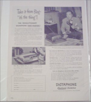 1950 Dictaphone Timemaster Dictation Machine ad featuring Bing Crosby