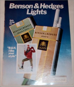 1980 Benson & Hedges Light 100's Cigarette Snowshoe ad