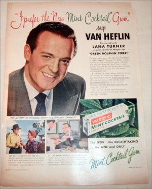 1947 Warrens Mint Cocktail Gum ad featuring Van Heflin