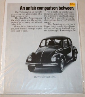 1968 American Motors Rambler American 2 dr sedan & Volkswagon 1500 car ad