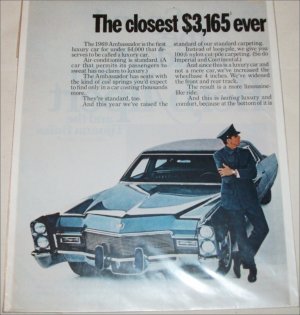 1969 American Motors Ambassador SST 4 dr sedan & Cadillac 4 dr sedan car ad