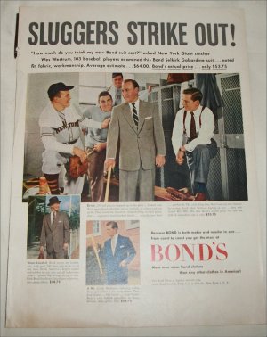 1952 Bonds Clothing ad featuring New York Giant Catcher Wes Westrum