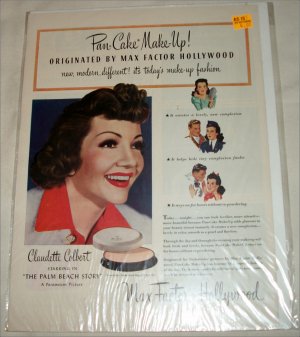 Max Factor Pan-Cake Makeup ad featuring Claudette Colbert