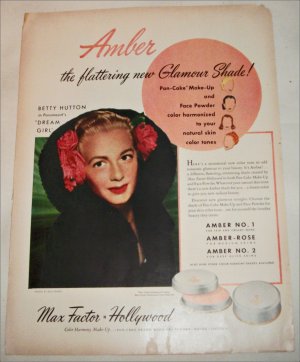 1948 Max Factor Amber Pan Cake Makeup ad featuring Betty Hutton