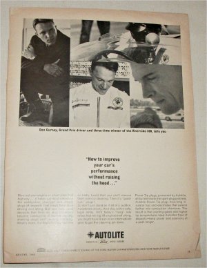 1965 Auto-Lite Power Tip Spark Plugs ad featuring Dan Gurney