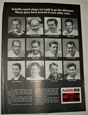 1969 Auto-Lite Spark Plugs ad featuring Racing Drivers
