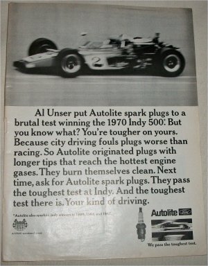 1970 Auto-Lite Spark Plugs ad featuring Al Unser