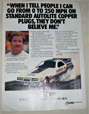 1984 Auto-Lite Spark Plugs ad featuring Frank Hawley