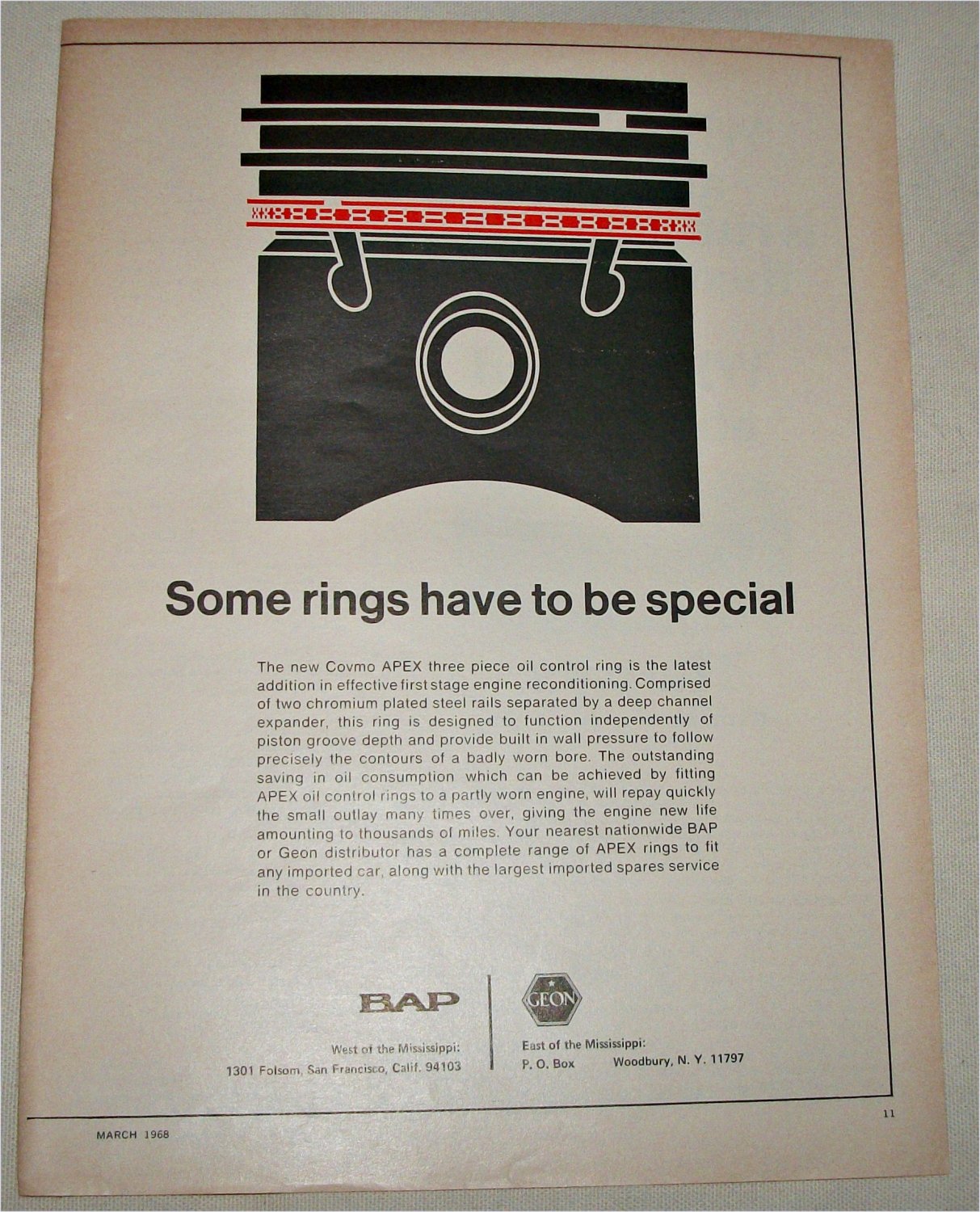 1968 BAP/GEON Covmo APEX Piston Rings ad