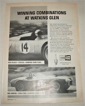 1963 Champion Spark Plugs Watkins Glenn ad featuring Shelby Cobra