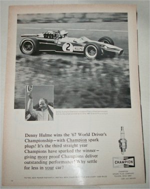 1968 Champion Spark Plugs ad featuring Denny Hulme