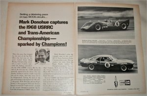1968 Champion Spark Plugs ad featuring Mark Donohue